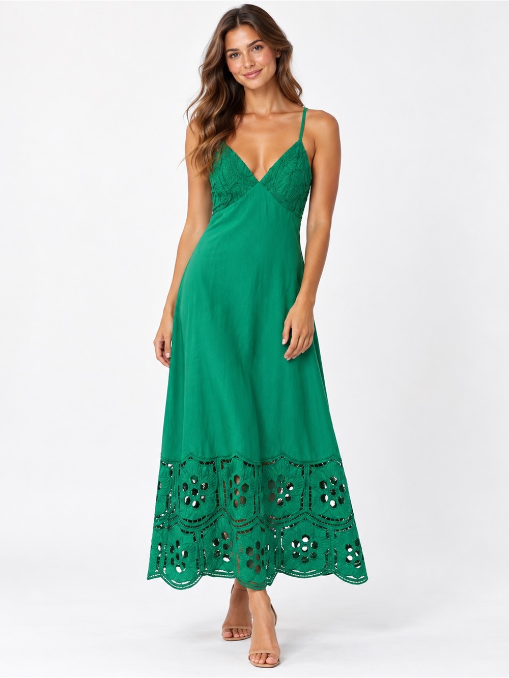 Invitee Summer Maxi Dress XS Green Embroidered Cutout Cotton NWT